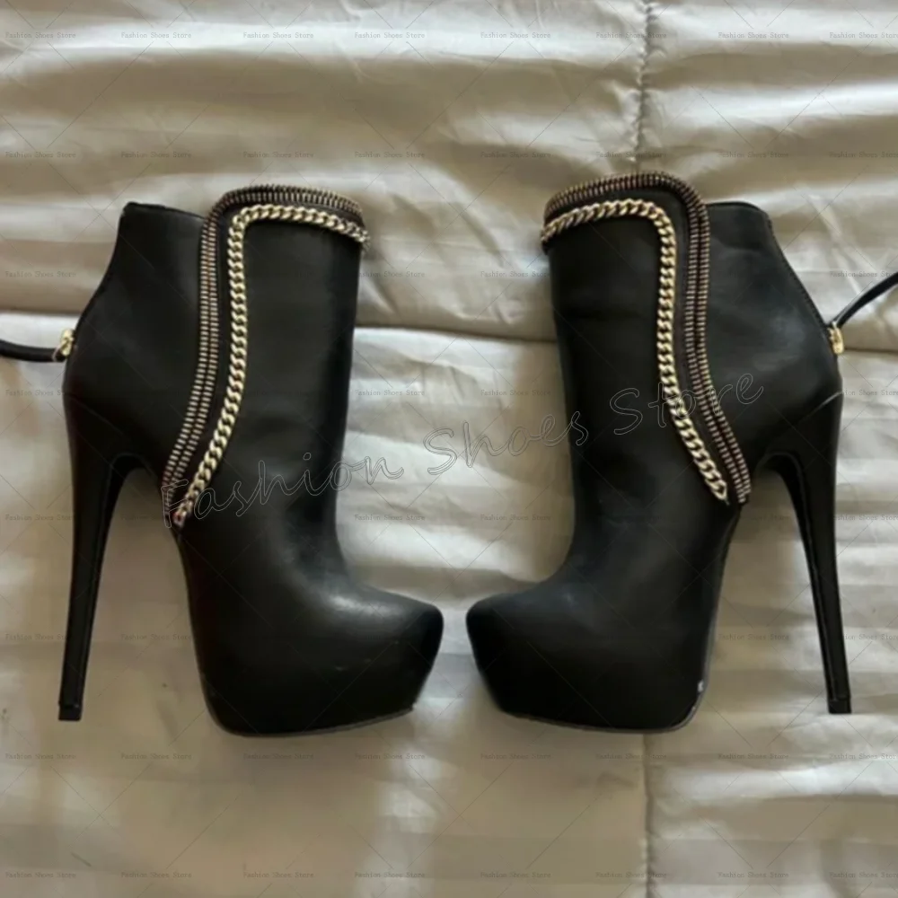 

Black Chain Decor Back Zipper Platform Boots Matte Leather Women Shoes Thin High Heels Party Banquet Dating 2025 Zapatos Para Mu