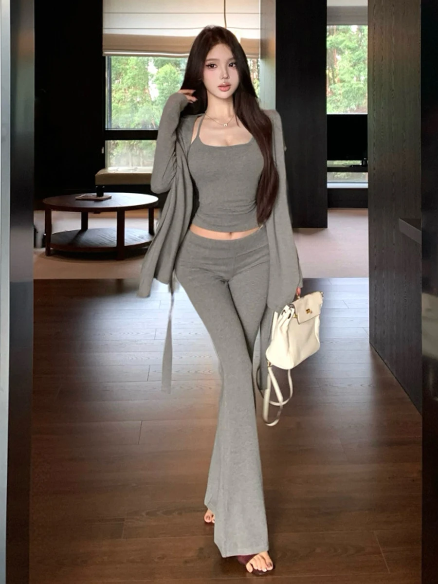 Gray Casual Versatile Long Sleeve Vest with Chest Pad Neck Hanging Belted Cardigan And Pants Set for Commuting And Leisure