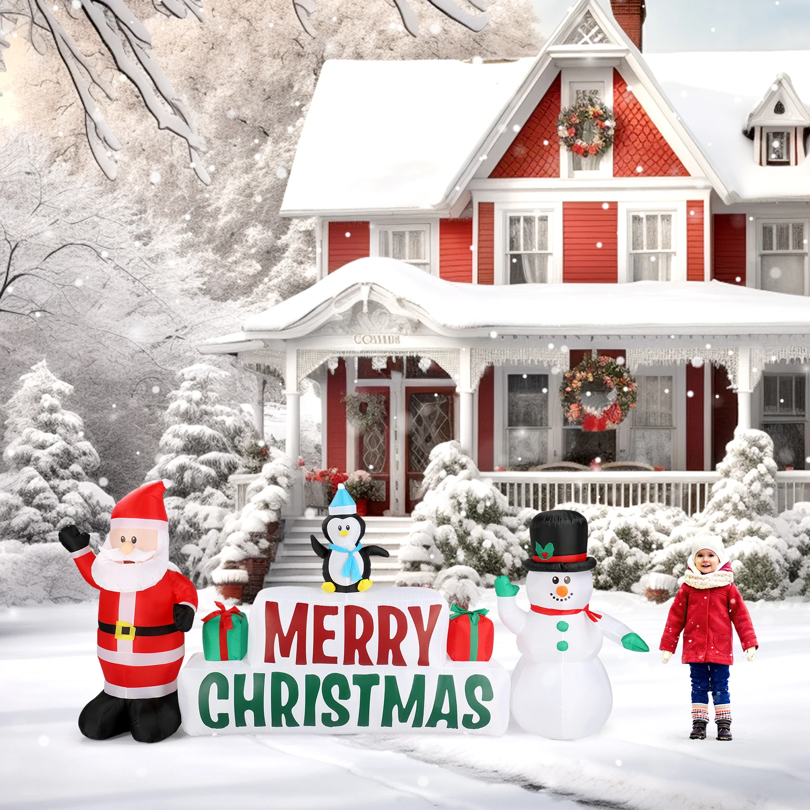 9.8 FT Lighted Christmas Inflatable Decoration, Inflatable Santa Claus and Snowman Holding Merry Christmas Sign