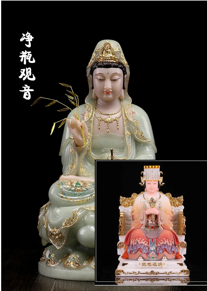 2PCS high-grade jade gilding Guanyin Goddess Mazu Buddha  home Temple efficacious Talisman Mascot carving Sculpture statue