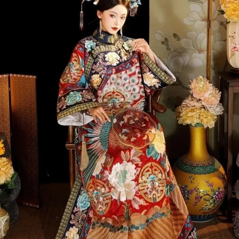 Vestido tradicional chinês feminino dinastia qing rosa pavão estampa mangas grandes gola alta cheongsam vestido medieval mujer