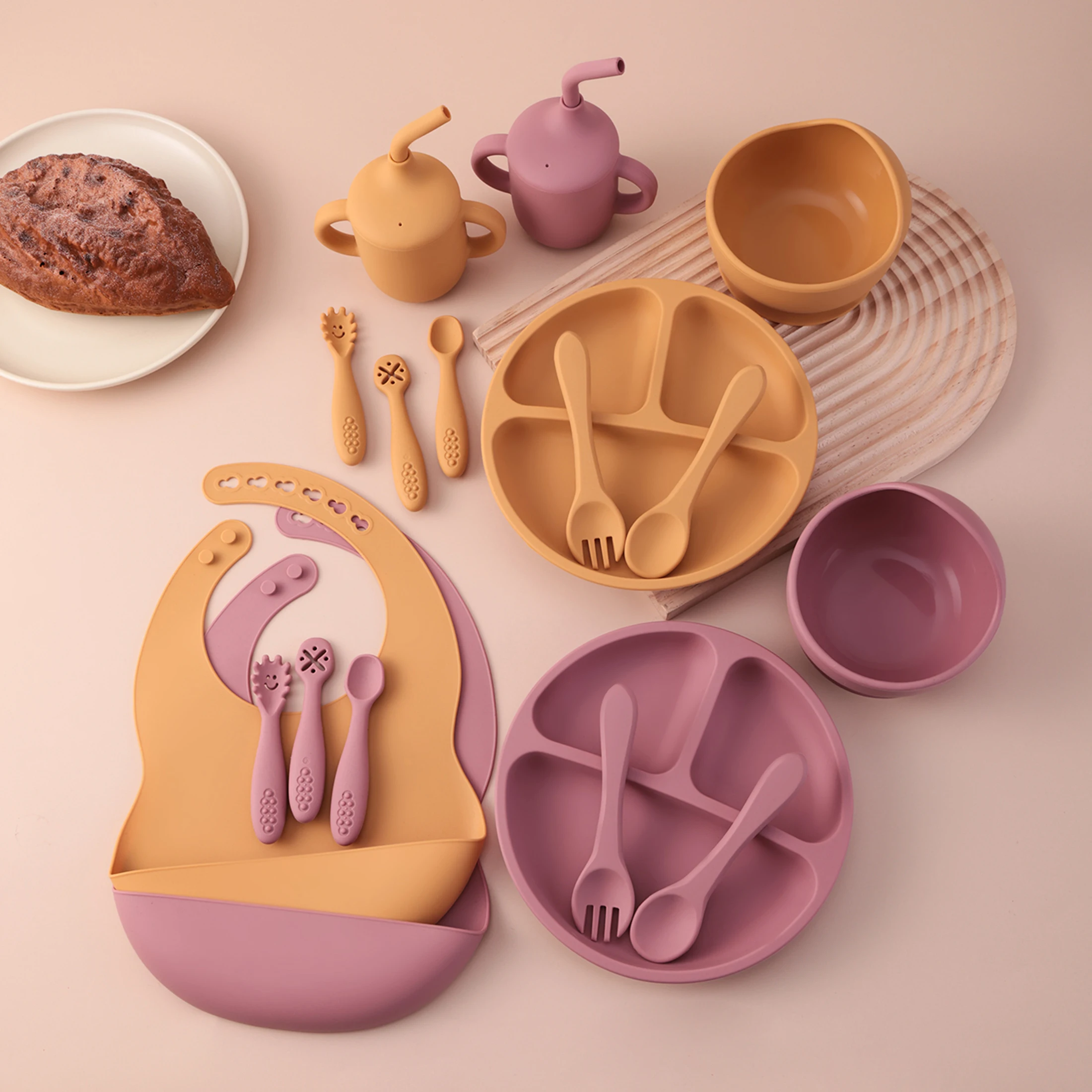 9PCS Baby Silicone Feeding Set Suction Dishes Plate Waterproof Bib Toddler Bowl Utensils Sippy Cup BPA Free Baby Newborn Items