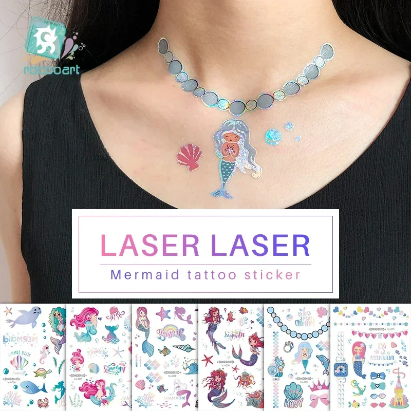 Rocooart Laser Tattoo Sticker Glitter Mermaid Tatoo For Women Makeup Taty Body Art Fake Tattoo Necklace Waterproof Flash Tatto