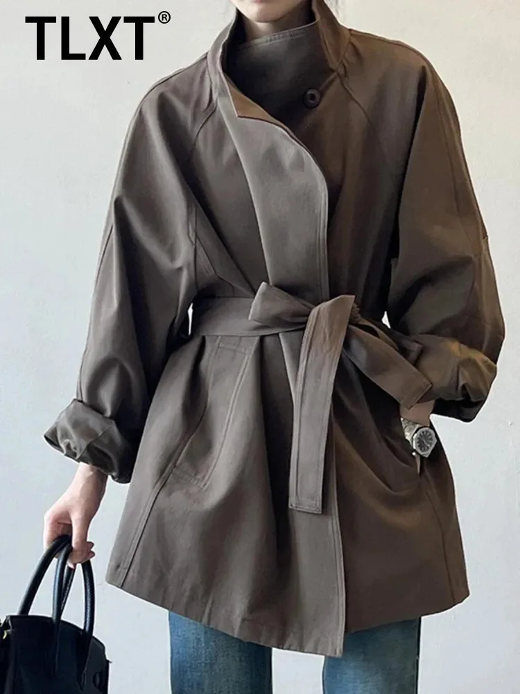 

TLXT Fashion Women's Casual Stand Collar Short Trench Coat With Belted Waist Lightweight Oversized For Spring And Fall 2025 New