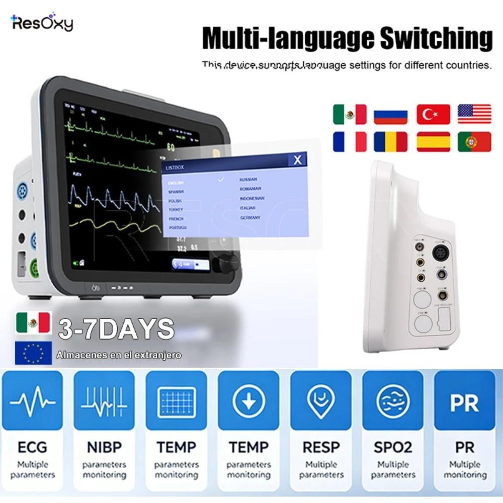 Monitor de Signos Vitales Médico Resoxy de 12.1 Pulgadas, Monitor Portátil Multiparamétrico para Pacientes, para Pruebas de ECG/NIBP/TEMP/RESP/SPO2/PR