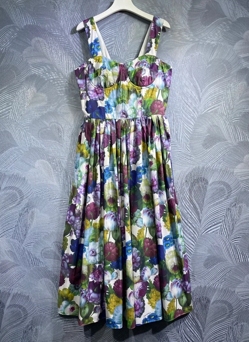 

Женское Хлопковое платье миди без рукавов, элегантное дизайнерское платье на тонких бретельках с цветочным принтом, весна-лето 2024