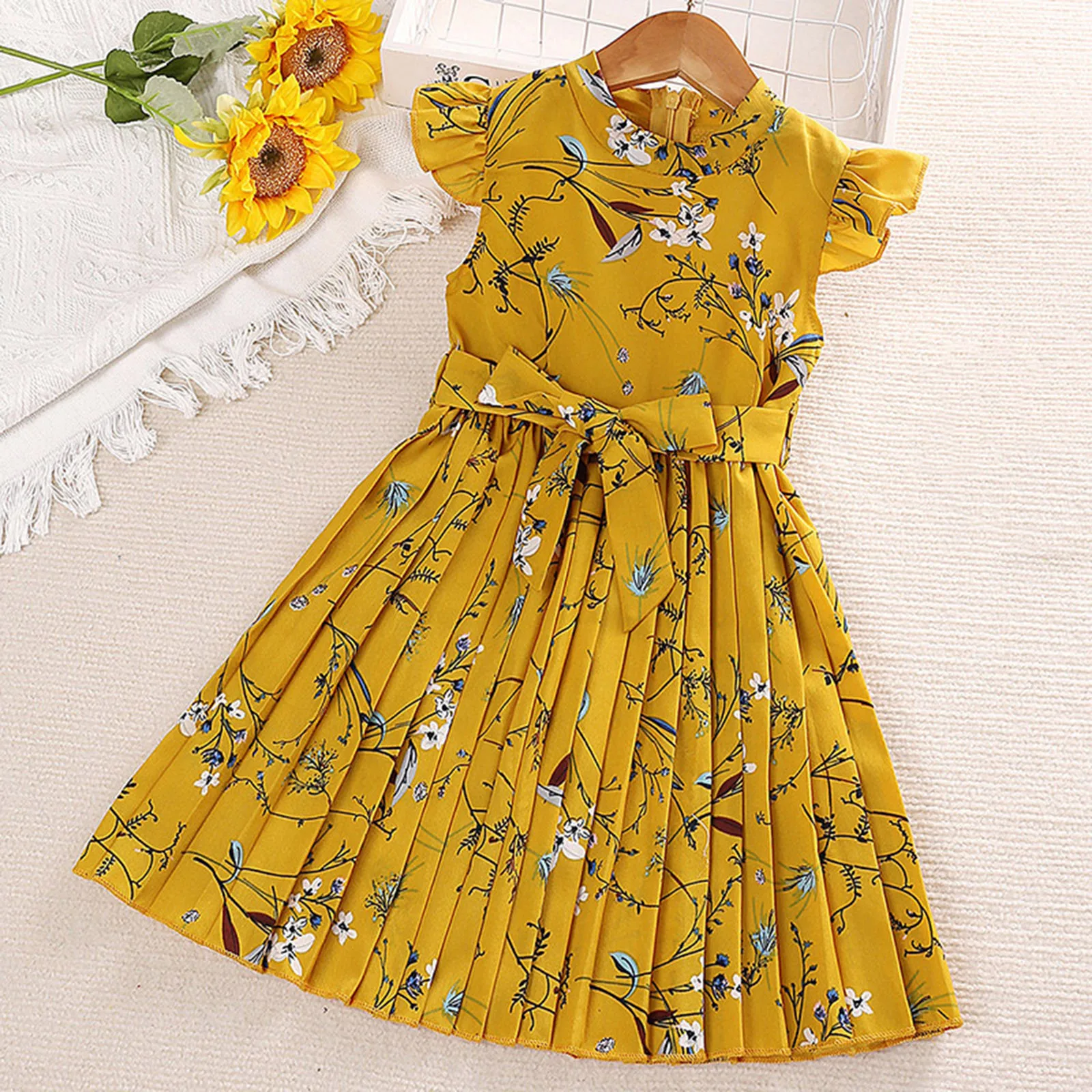 

Dress For Kids 5-12 Years Birthday Sweet Cute Floral Ruffled Sleeve Pleated Skirt Princess Dresses For Girl Birthday Xmas Party