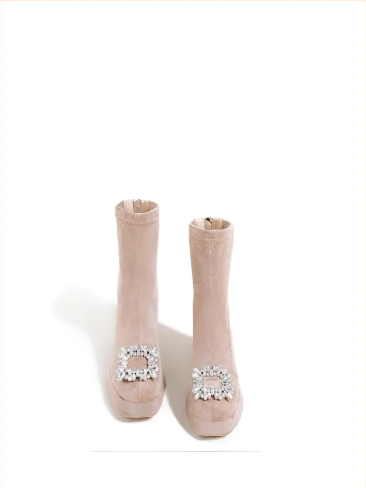 

Bloomsteps Comfort Edition ~ Autumn and Winter NewThick High-heeledMartinBoots Women's Nude Waterproof PlatformRhinestone Zipper