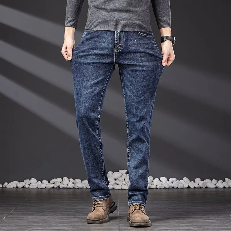 

Busin Casual Men's Slim Fit Straight Leg Jeans Elastic Waist Versatile Long Pants Spring Faion High End Sle
