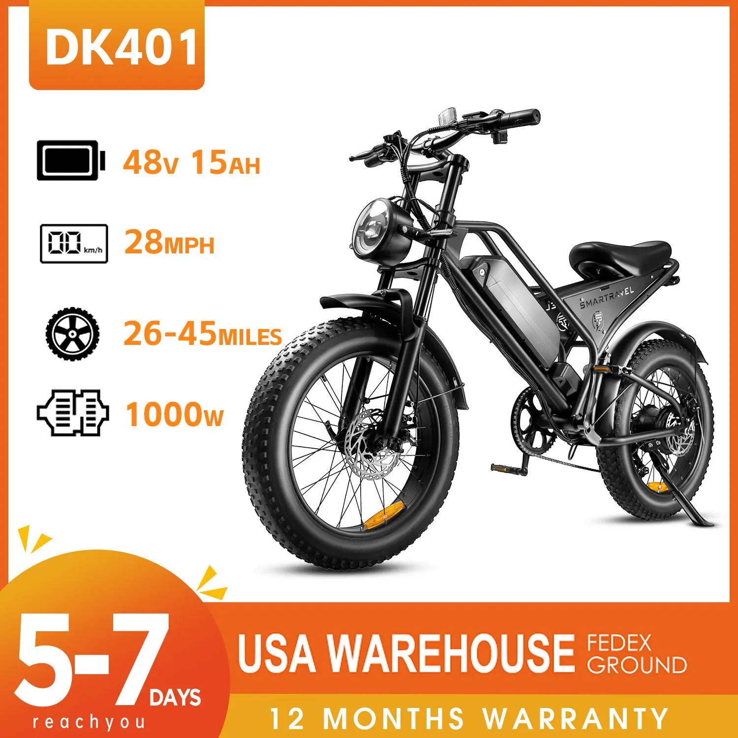 

48V 1000W 28mph Electric Bicycle 24miles 15ah Removable Battery 3 modes Electric Bike 20 inch Fat Tire Mountain Off-road E-bike