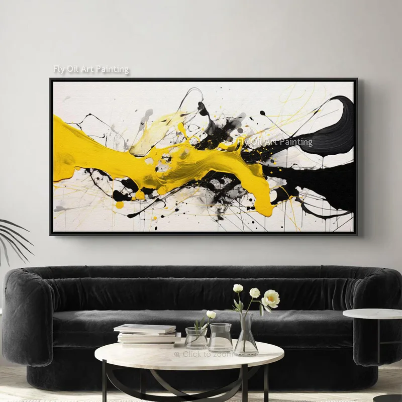 Handpainted Blue And Black Ink Mix Abstract Oil Painting Large Beige Black Yellow White Color Messy Canvas Wall Art For Decor
