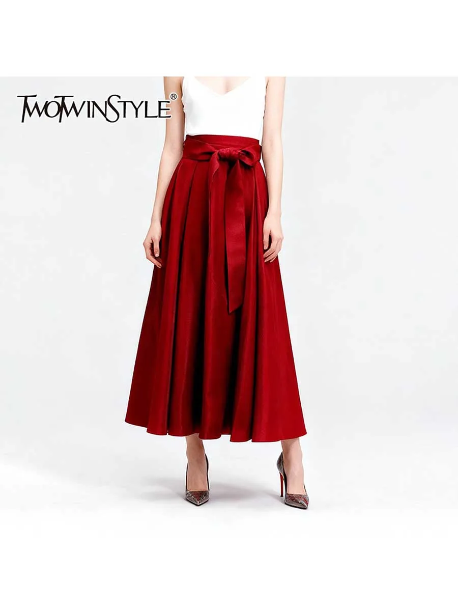 

TWOTWINSTYLE Solid Spliced Lace Up Elegant Skirts for Women High Waist Patchwork Folds Fashion Long Skirt Female Clothing New
