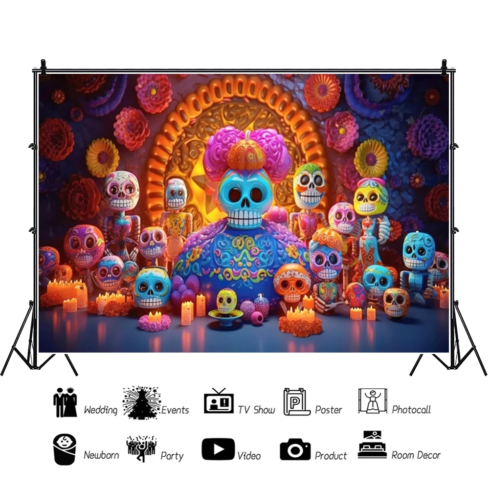 Laeacco Day of The Dead Backdrop Sugar Skull Dia De Los Muertos Mexican Fieasta Dress up Festival Party Photography Background