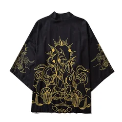 Samurai Asian Clothing Japanese Style Buddhist Lotus Fox Print Traditional Kimono Men Yukata Cardigan Black Cosplay Haori