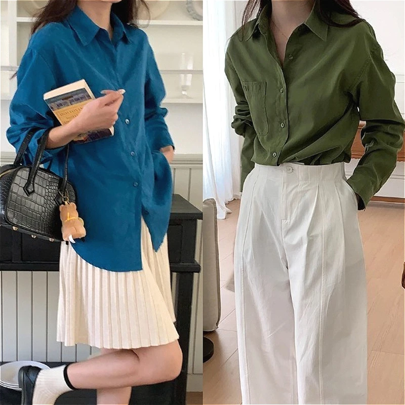 

Women Top Blouses Shirt Turn Down Collar Full Sleeve Tops Casual Solid Y2k Streetwear Work Elegant Splice Shirts 2026 Spring