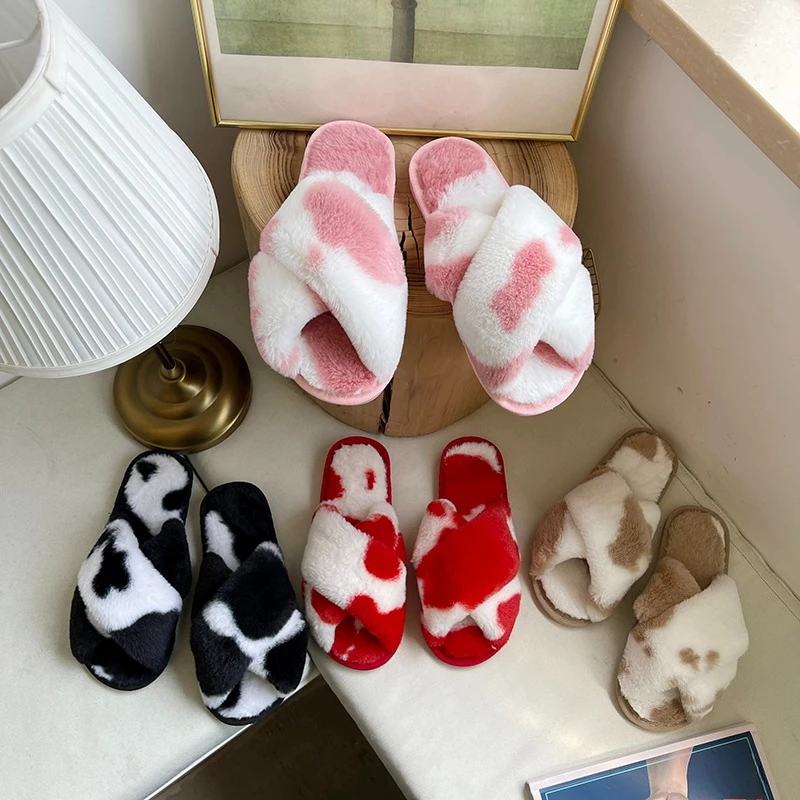 Mixed color Fluffy Women's Slippers Home Flats Luxury Designer Woman Shoes Winter Indoor Fuzzy Fur Slides Warm Elegant Soft Sole