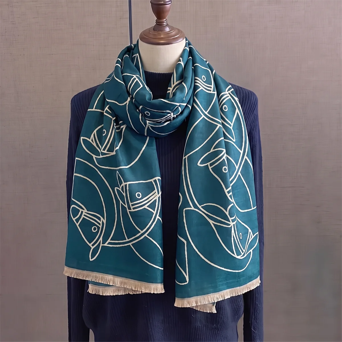 Versatile Satin Winter Shawl Ladies Elegant Wrap Art Sketch Horse Pattern Scarf Soft Fabric Peacock Blue Tassel Fashion