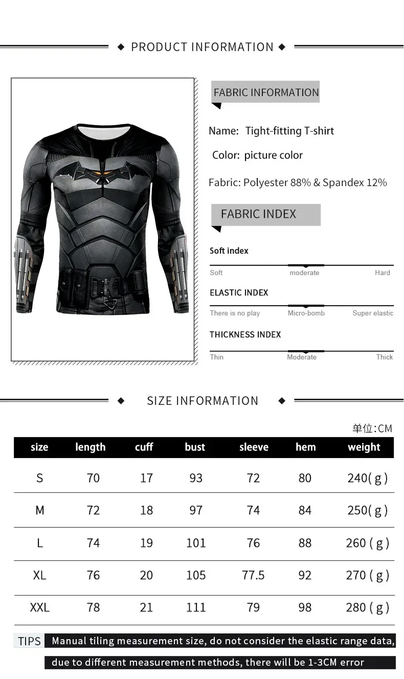 スーパーヒーローバットブルースウェインコスプレ Tシャツジムスポーツウェア長袖/半袖フィットネス Tシャツハロウィンパーティー衣装