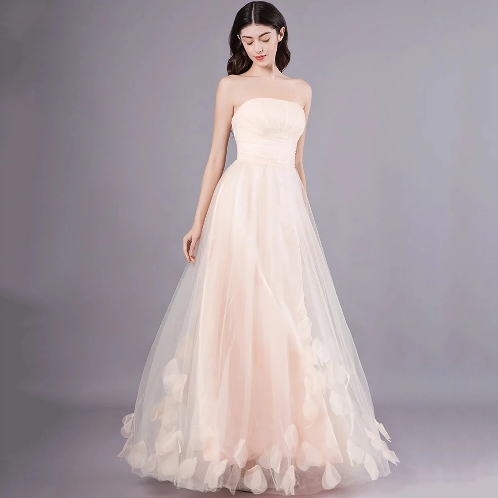 Robe de Mariée Plissée en Tulle Sans Bretelles, Simple, Ligne A, Longueur au Sol, Patients, Dos Ouvert avec Fleurs, Mariage Romantique, Quelle que soit