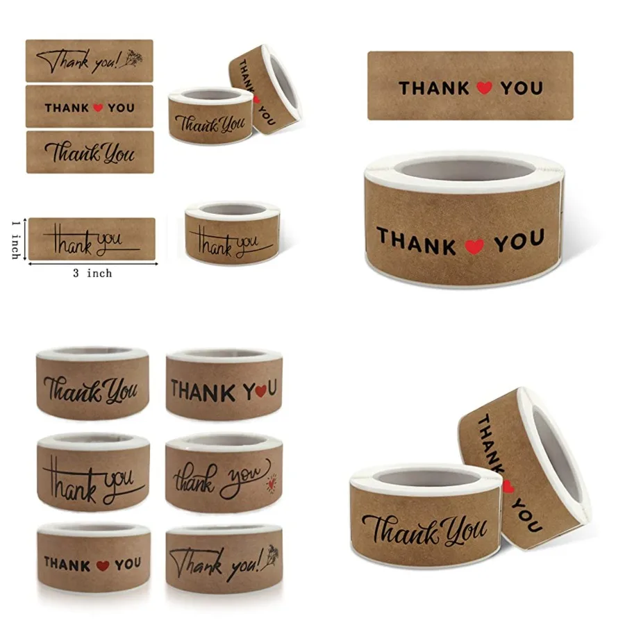 

720 PCS 1 x 3 Rectangle Kraft Paper Thank You Stickers with Smooth Surface for Gift Seals DIY Journal Labels Wedding Party Deco