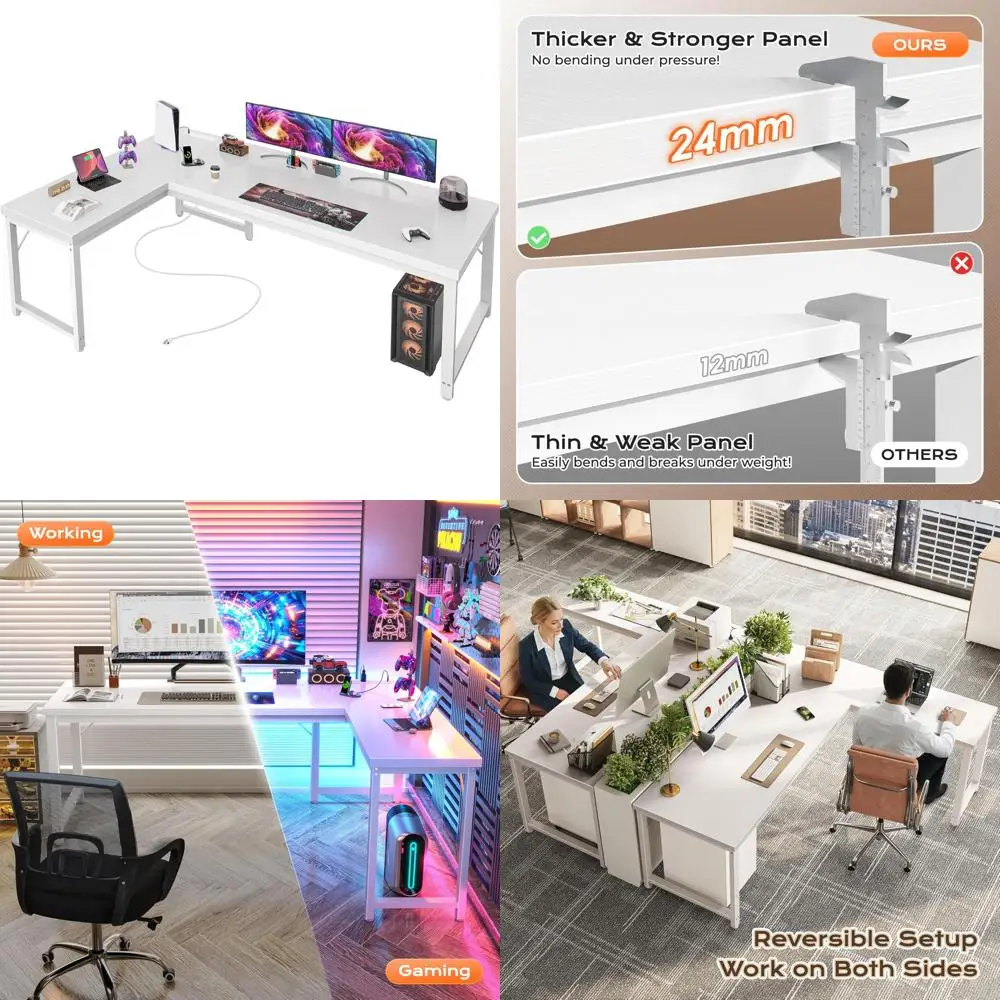 

63 L-Shaped Desk with Power and USB-C Ports, Reversible for Larger Office or Gaming Space