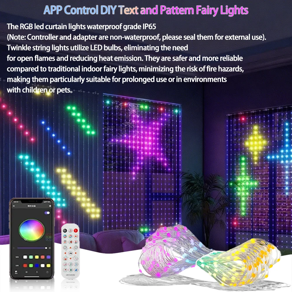 Cortina de luzes inteligentes, bluetooth, controle por aplicativo, rgb, led, à prova d'água, luz de fada, usb, faça você mesmo, padrão de texto, exibição, decoração de sala de festa