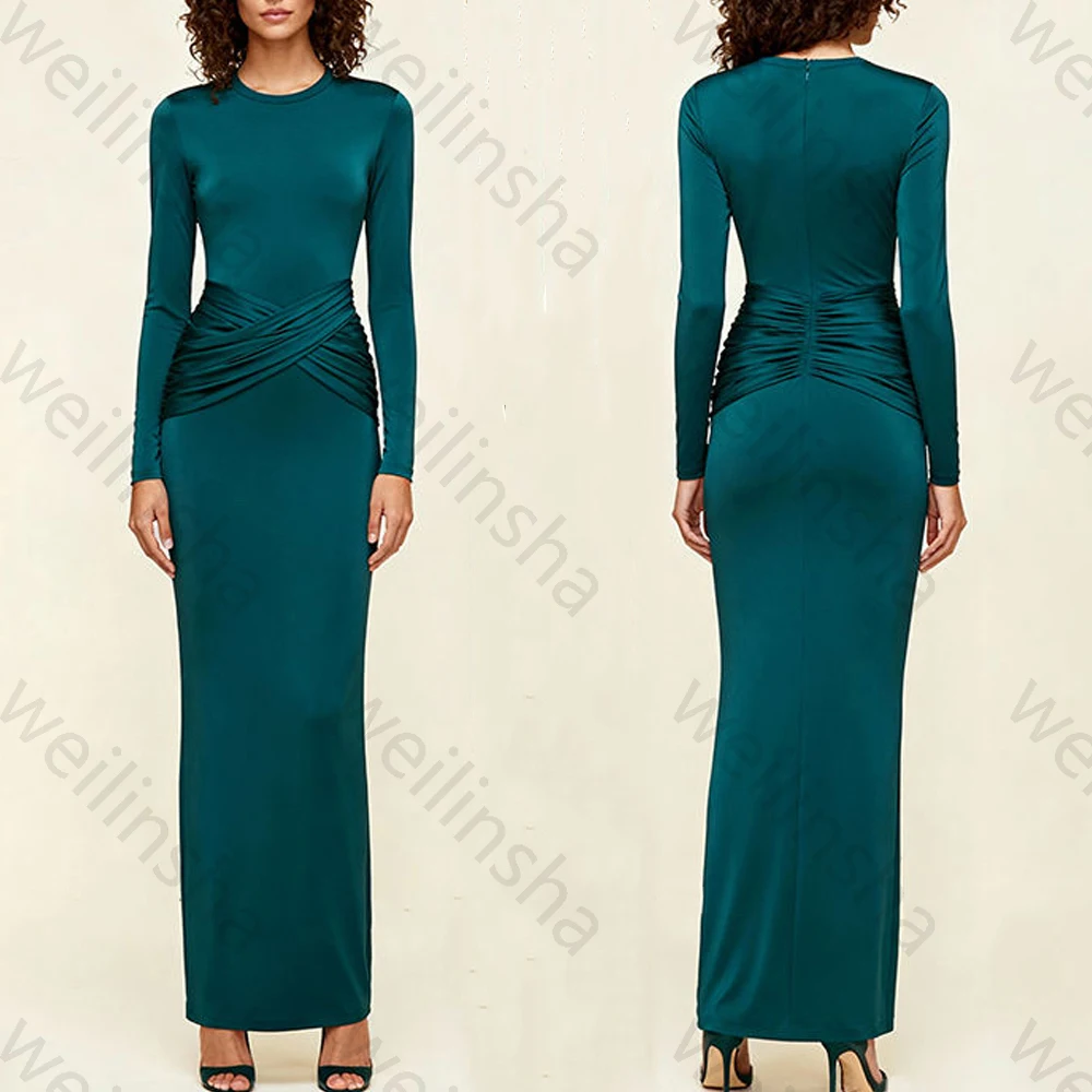 

Elegant O-Neck Long Sleeves Evening Dresses Sexy Pleat Celebrity Dress Exquisite High Quality Prom Party Gowns Women Customized