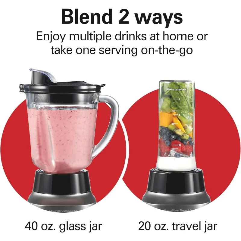 OUIO Wave Action Blender for Shakes and Smoothies, 40oz Glass Jar, 20oz Blend-In Portable Travel Jar, 800 Watts, Quiet Design