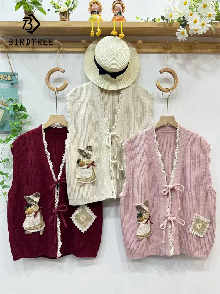 

New 2025 Winter Cotton Vest, Women V Neck Embroidery Lace Patchwork, Mori Girl Age Reduction Knit Sweater Cardigan Vest T5D348CC