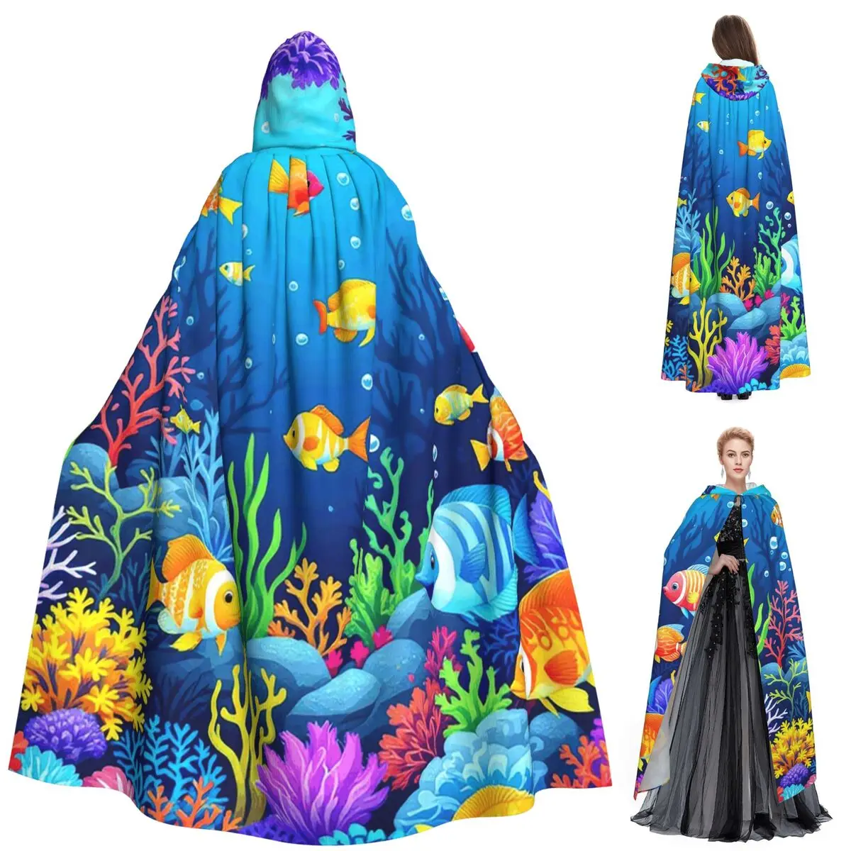 

Подводный коралловый риф, рыба, длинный плащ с капюшоном, средневековый костюм ведьмы, накидка для косплея, пальто на Хэллоуин для взрослых, унисекс