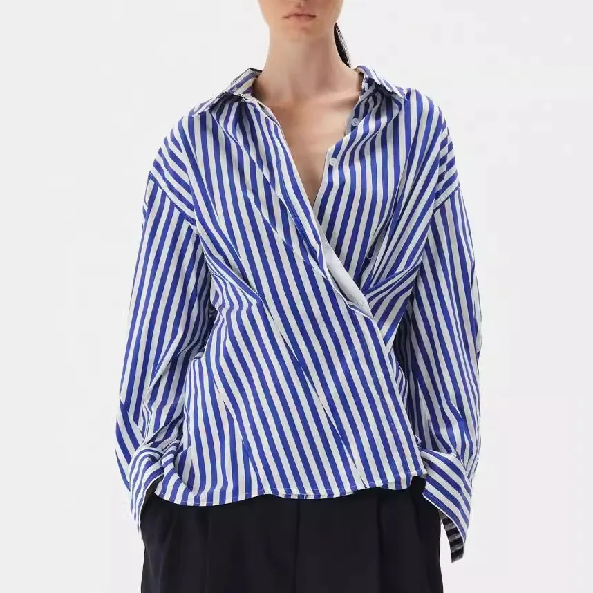 European and American Niche Design Blue White Striped Shirt Women's Autumn New Oblique Waist Irregular Long Sleeve