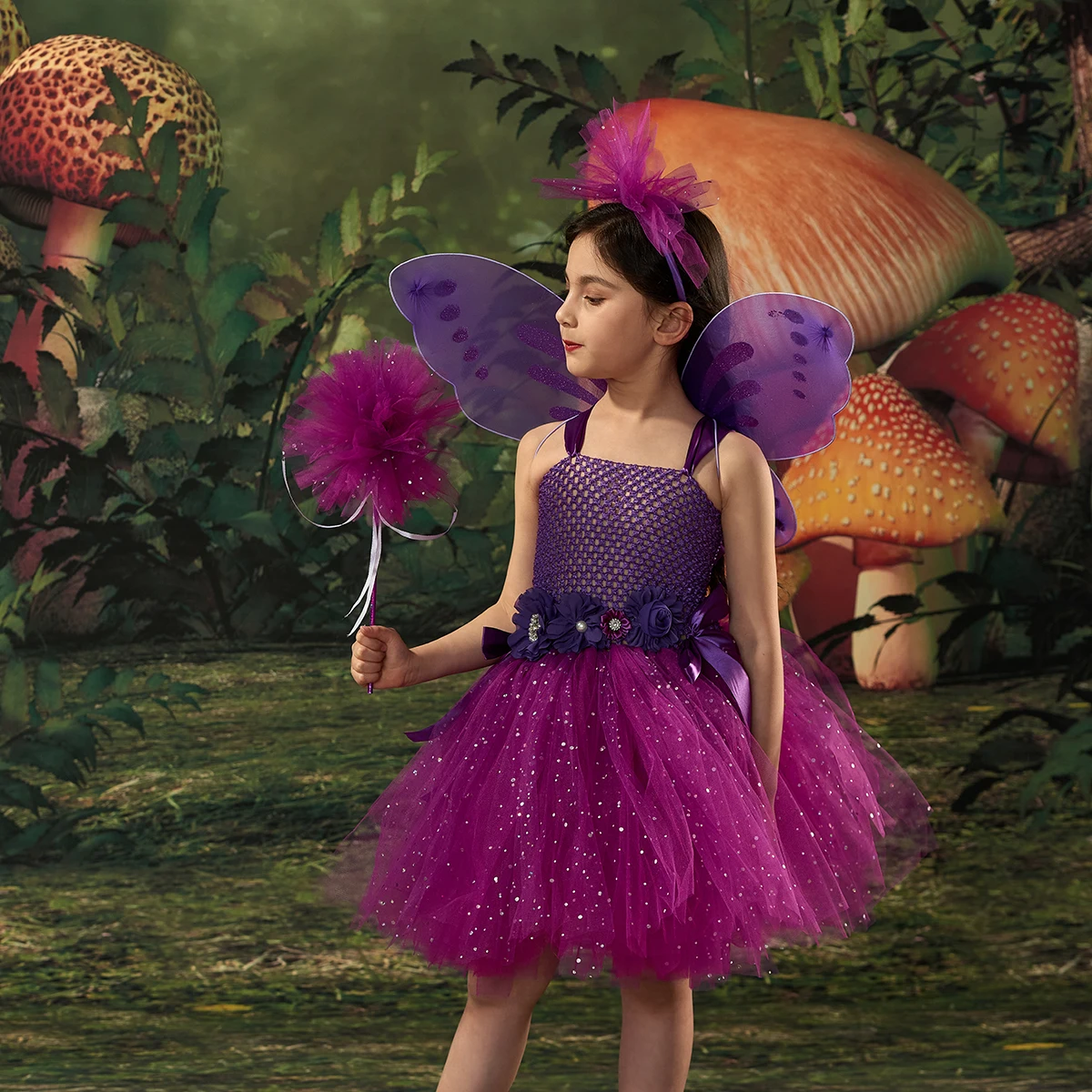 Girl Purple Butterfly Fairy Tutu Dress Sparkly Kids Flower Princess Dresses with Wings Wand for Halloween Birthday Party Costume