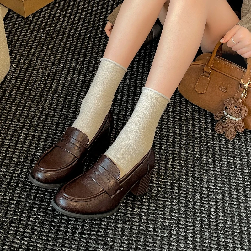 Vintage Women Thick Heel Leather Mary Jane Shoes Concise Slip On Banquet Party Shoes 2026 New Spring Autumn Ladies Dress Pumps