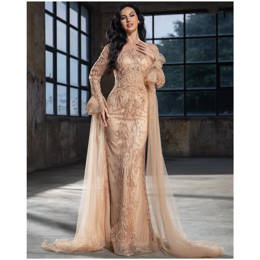 Champagne Mermaid Evening Dresses Long Sleeves High Neck Appliques Beads 3D Lace Sequins Zipper Prom Dresses Gowns Custom Made