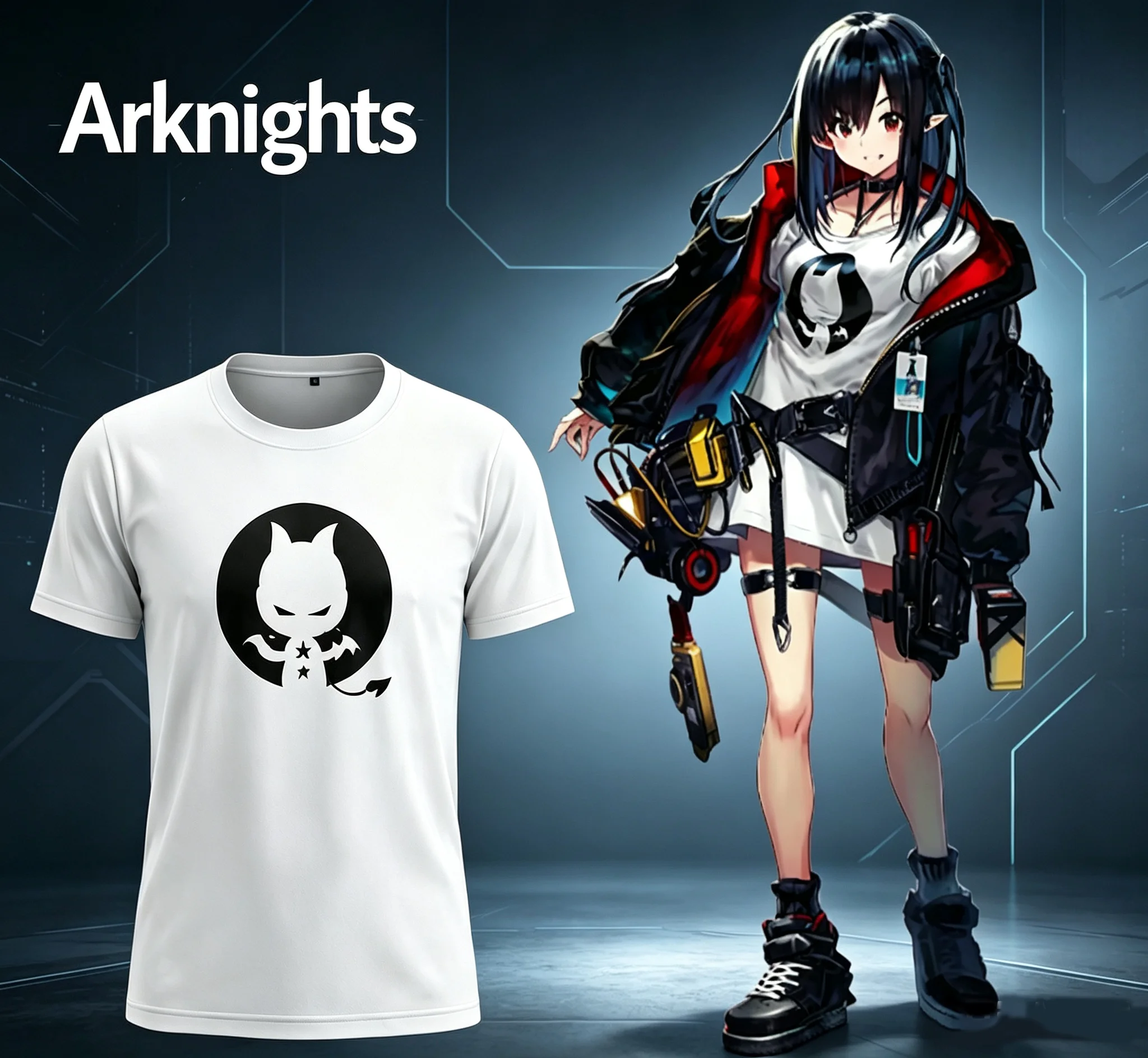 Arknights Closure Cosplay T‑Shirt, Demon Mascot Graphic Print Casual Off‑Shoulder Short‑Sleeve Unisex Polyester Top