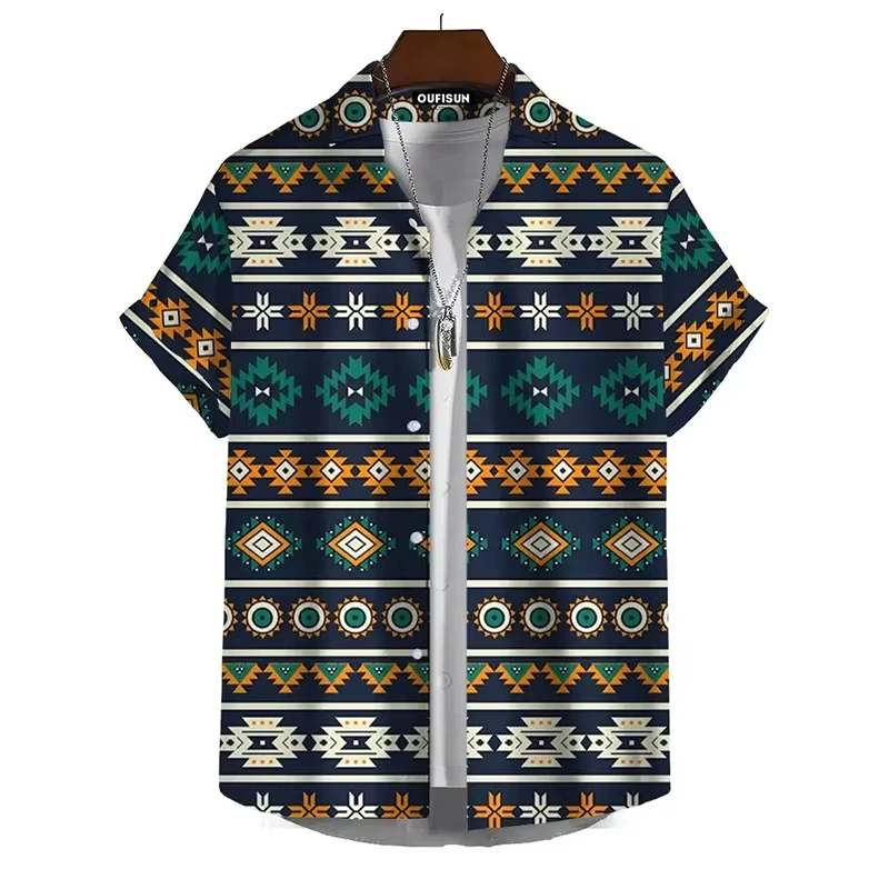 

Vintage Hawaiian Shirts For Men Ethnic Pattern Print Lapel Blouse Fashion Casual Womens Clothes Short Sleeve Oversized Tees Tops