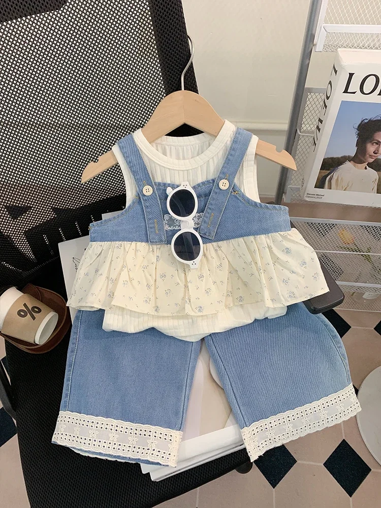 

Girls Summer Outfit 2025 New Sle Children's Clothes Baby Vest Denim Tee-piece Set Faionable Summer Apparel for Kids