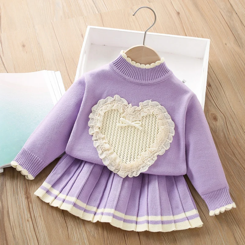 Girls' Sweater Set Autumn Winter New Stylish Lace Knitted Long Sleeve Pullover Short Skirt Two-Piece Set Trendy