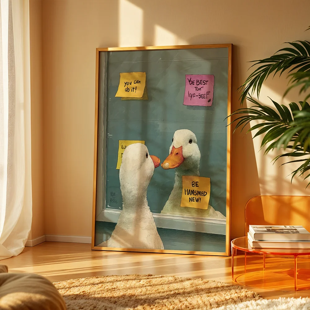 Fun White Duck With Motivational Notes Mirror Canvas Poster Wall Art,2D Print Wall Decor,Cute Home Gift For Living Room Bedroom