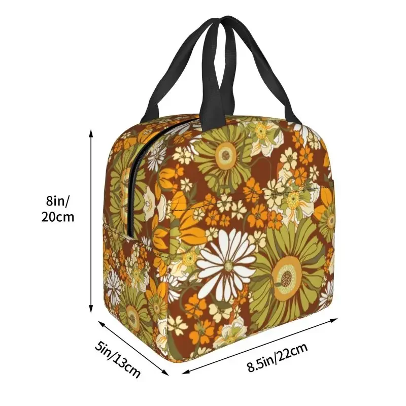 Boho 70s Vintage Hippie Flower Power Pattern Insulated Lunch Bags for Outdoor Picnic Resuable Thermal Cooler Bento Box Children