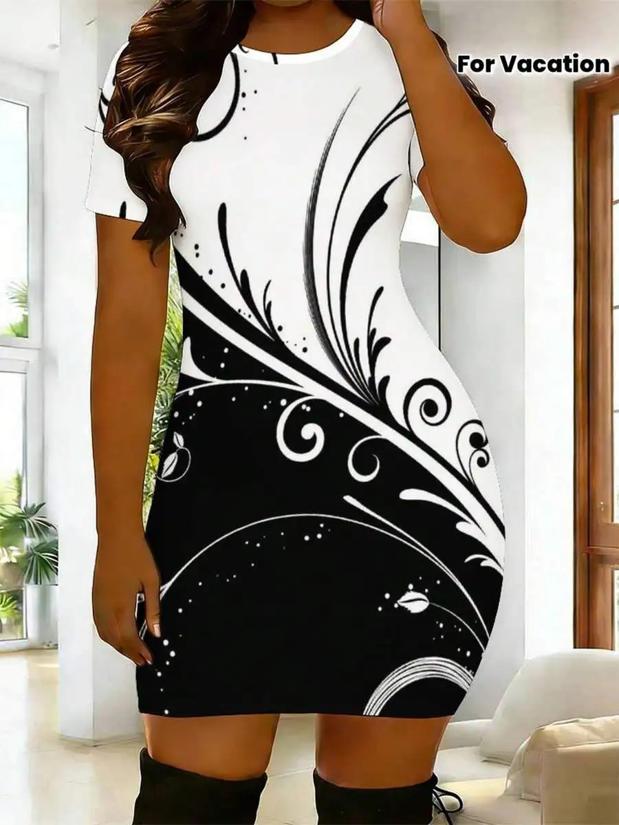 

Womens Bodycon Short Sleeve Round Neck Floral Print Dress For Vacation Parties Casual Wear