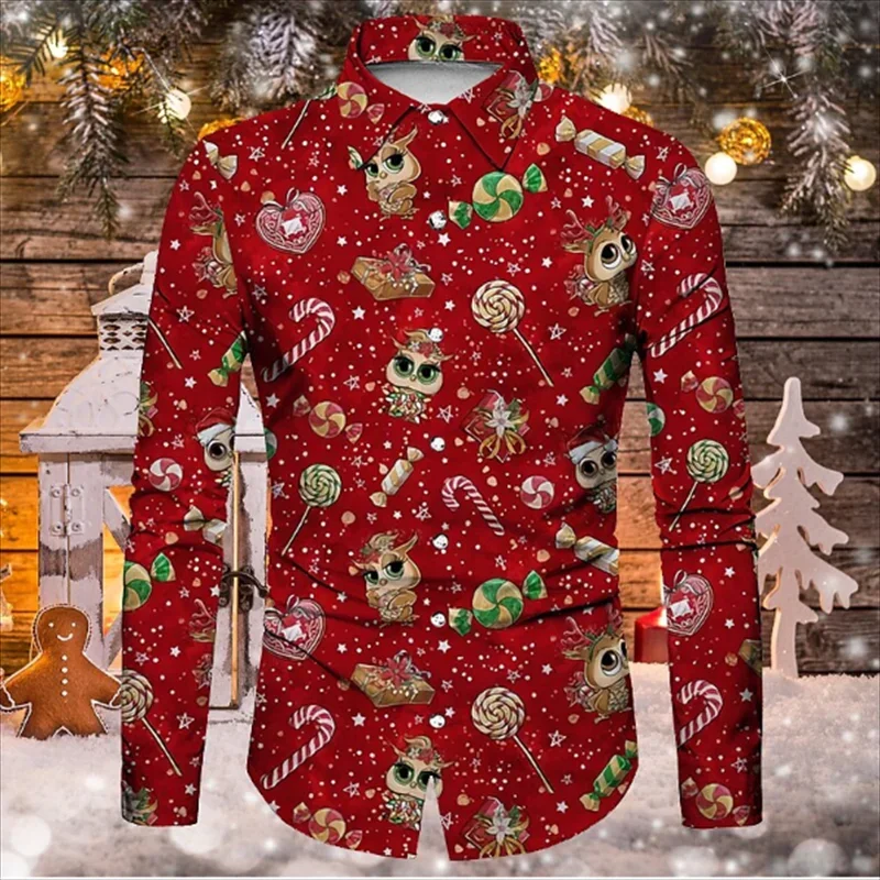 

2024 Christmas Men's Shirt Long Sleeve Polka Dot Top Christmas Theme 3D Printing Holiday Party Dress Casual Men's Christmas Shir