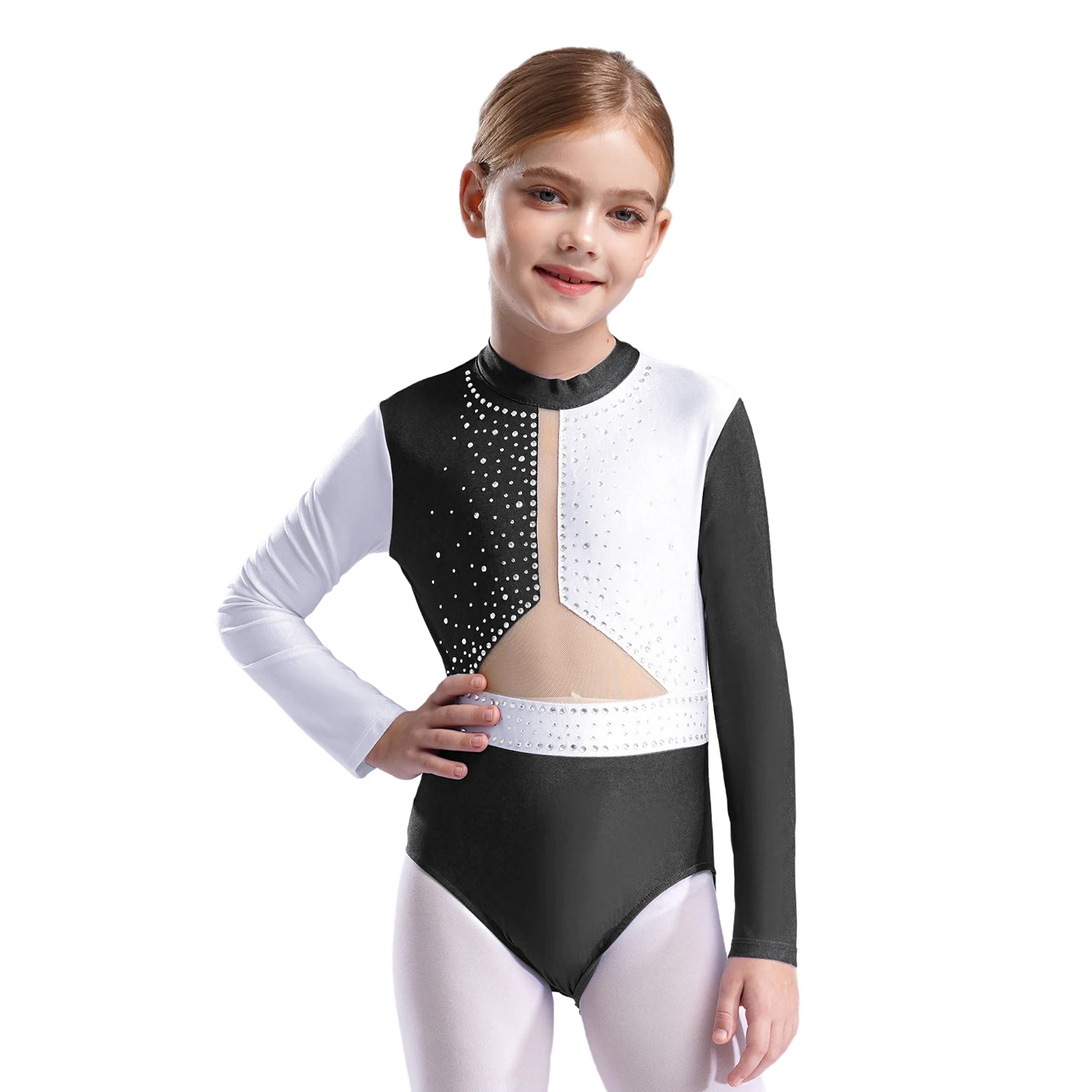 

New Kids Girls Gymnastics Leotards Long Sleeve Keyhole Back Color Block Patchwork Fashion Rhinestones Bodysuit Ballet Dancewear