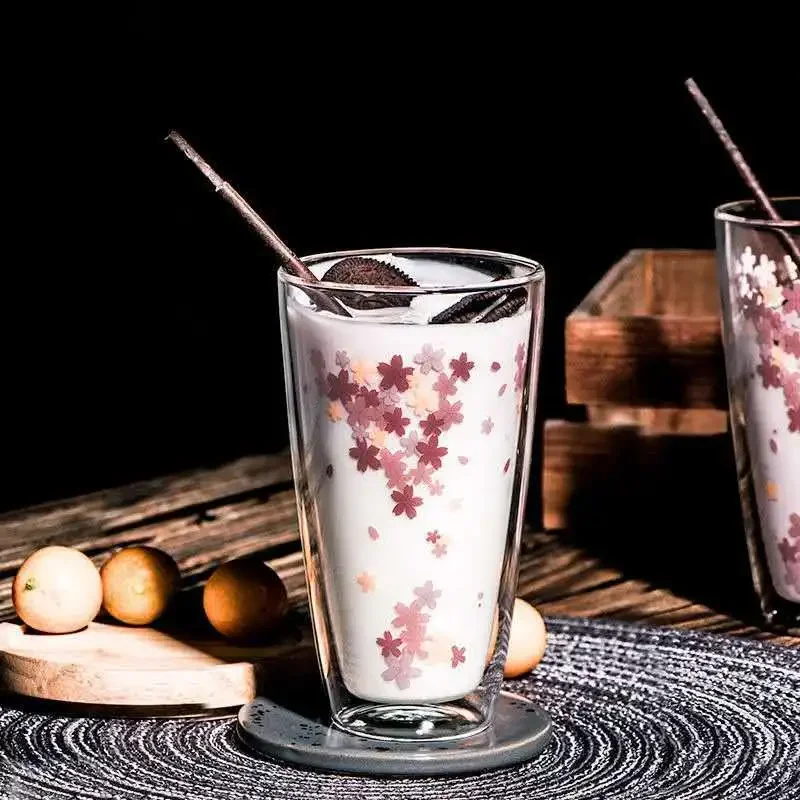 Double Wall Glass Cup with Sakura Printings 350ml Lovely Heat Insulation Coffee Milk Shake Juice Glass Tumbler 1 Piece