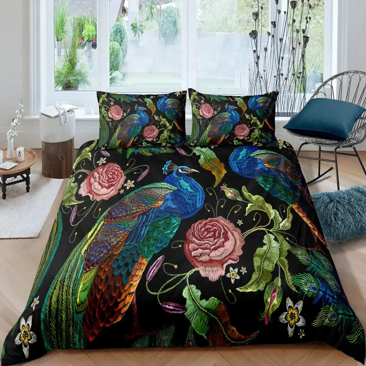 Peacock Vintage Flowers Duvet Cover Peacock Luxurious Feather Bedding Chinese Style Bedroom Decorations 3pcs for Women Gifts