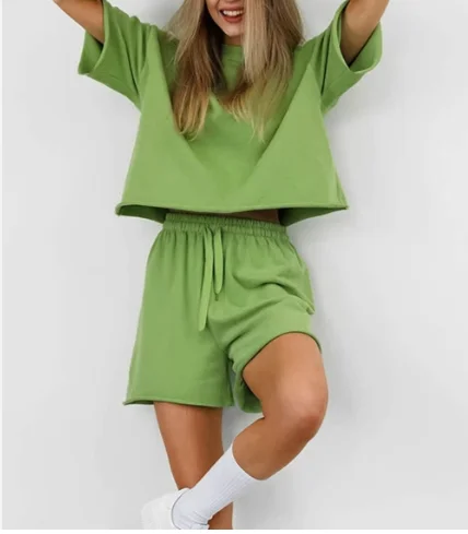 

Women's Urban Minimalist Suit 2025 Spring Summer Latest Green Short Sleeved T-Shirt High Waisted Shorts Casual Sports Set