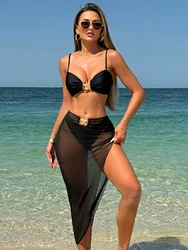 2025 섹시한 세 조각 비키니 세트 여성 수영복 및 메쉬 비치 드레스 여성 수영복 Beachwear 수영복