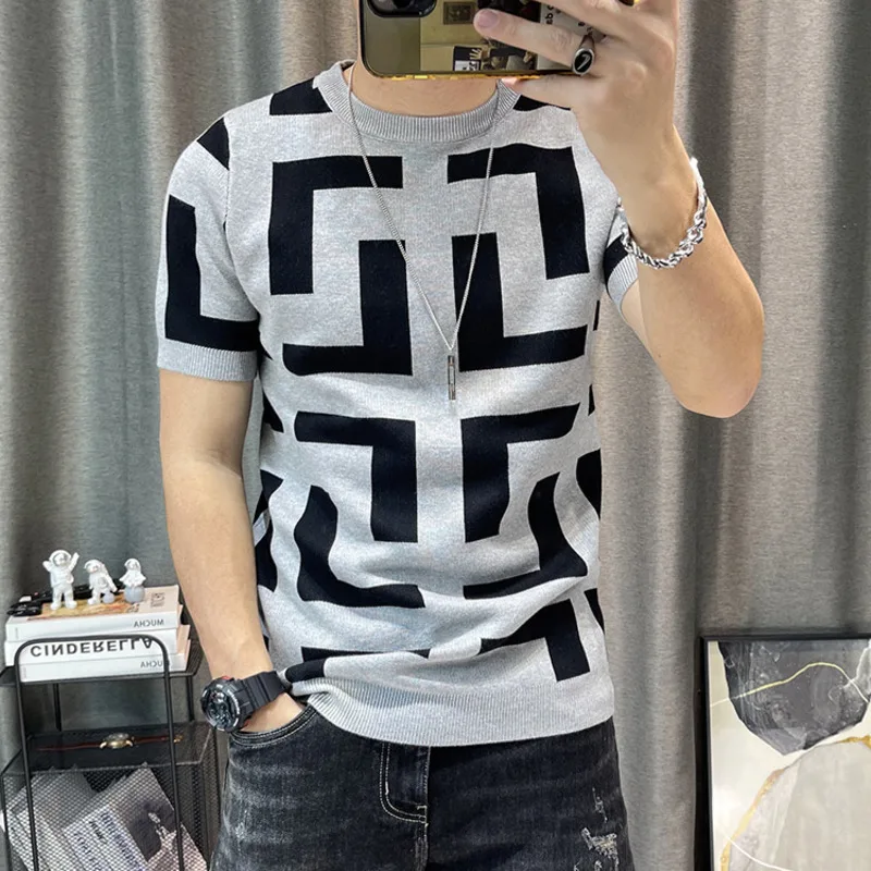 3 Color Men Summer Knitted Tshirt 2022 Korean O-neck Short Sleeve Top Tees Streetwear Male Social Club Slim Fit Casual T-Shirt