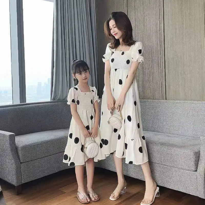 Mother and Girls Polka Dot Dresses Summer New Fashion Children\'s Clothing Small Fresh Puff Sleeve Parent-child Princess Dress 8y