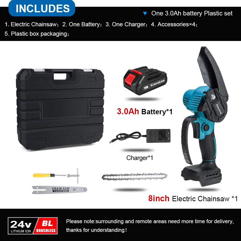 Kamolee Bürstenlose elektrische Kettensäge, 24 V, 4/6/8 Zoll, Mini-Kettensäge, Holzschneider, Beschneiden, Garten-Elektrowerkzeug, anwendbar auf 18 V 21 V Batterie